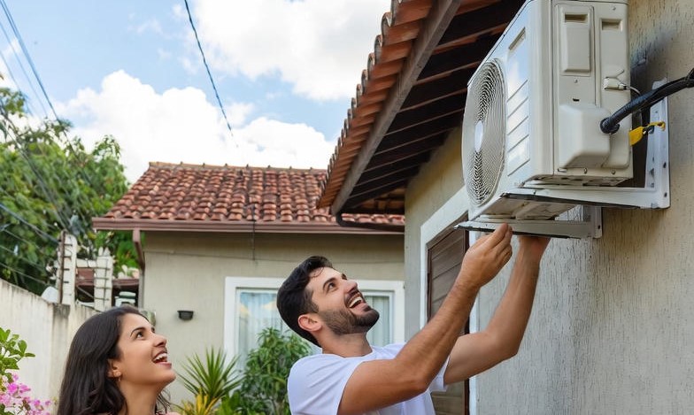 família feliz com seu ar condicionado instalado