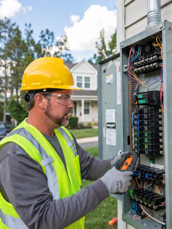 imagem ilustrando um eletricista trabalhando na caixa de energia de uma residência