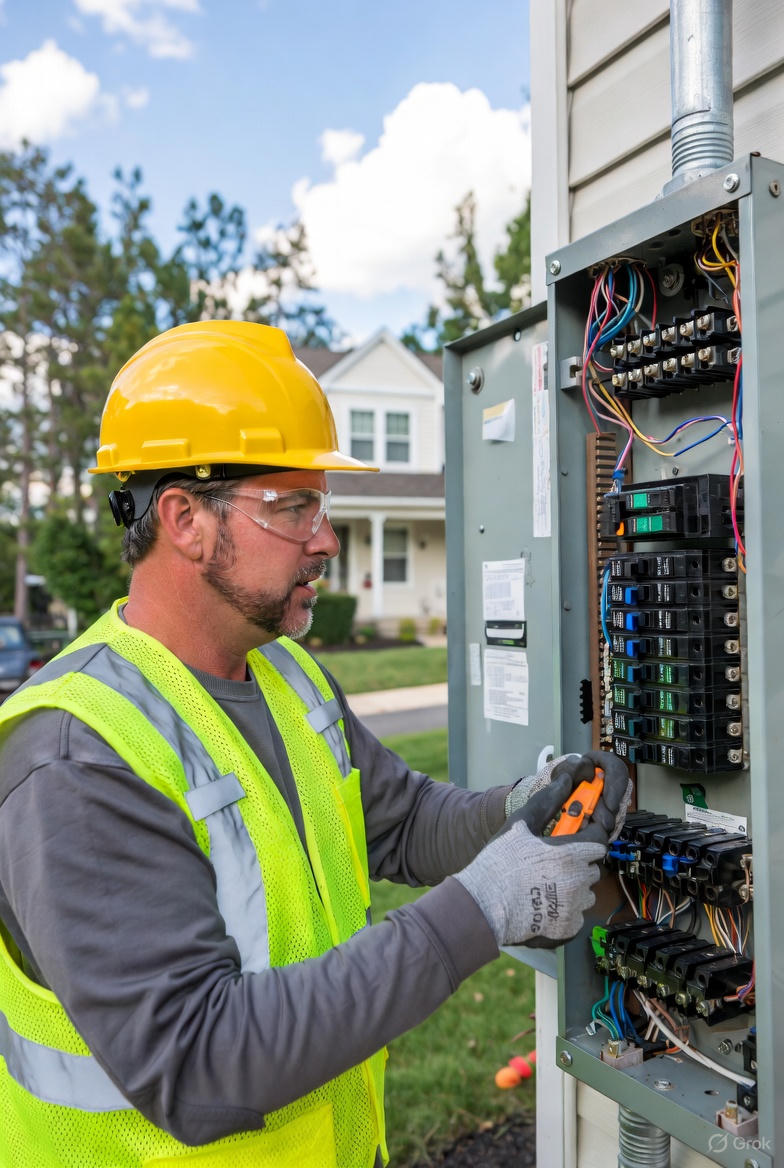 imagem ilustrando um eletricista trabalhando na caixa de energia de uma residência