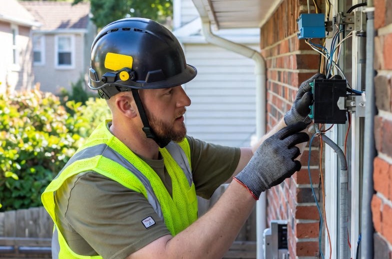 Imagem representando um eletricista uniformizado trabalhando