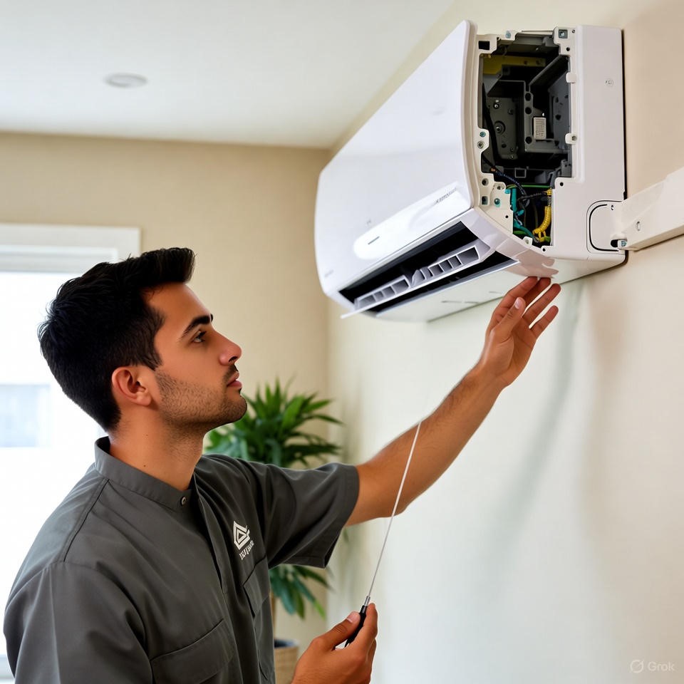 Profissional instalando ar condicionado